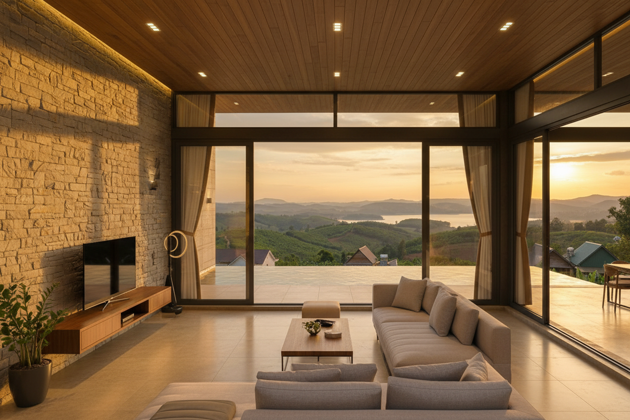 Nội thất phòng khách view núi