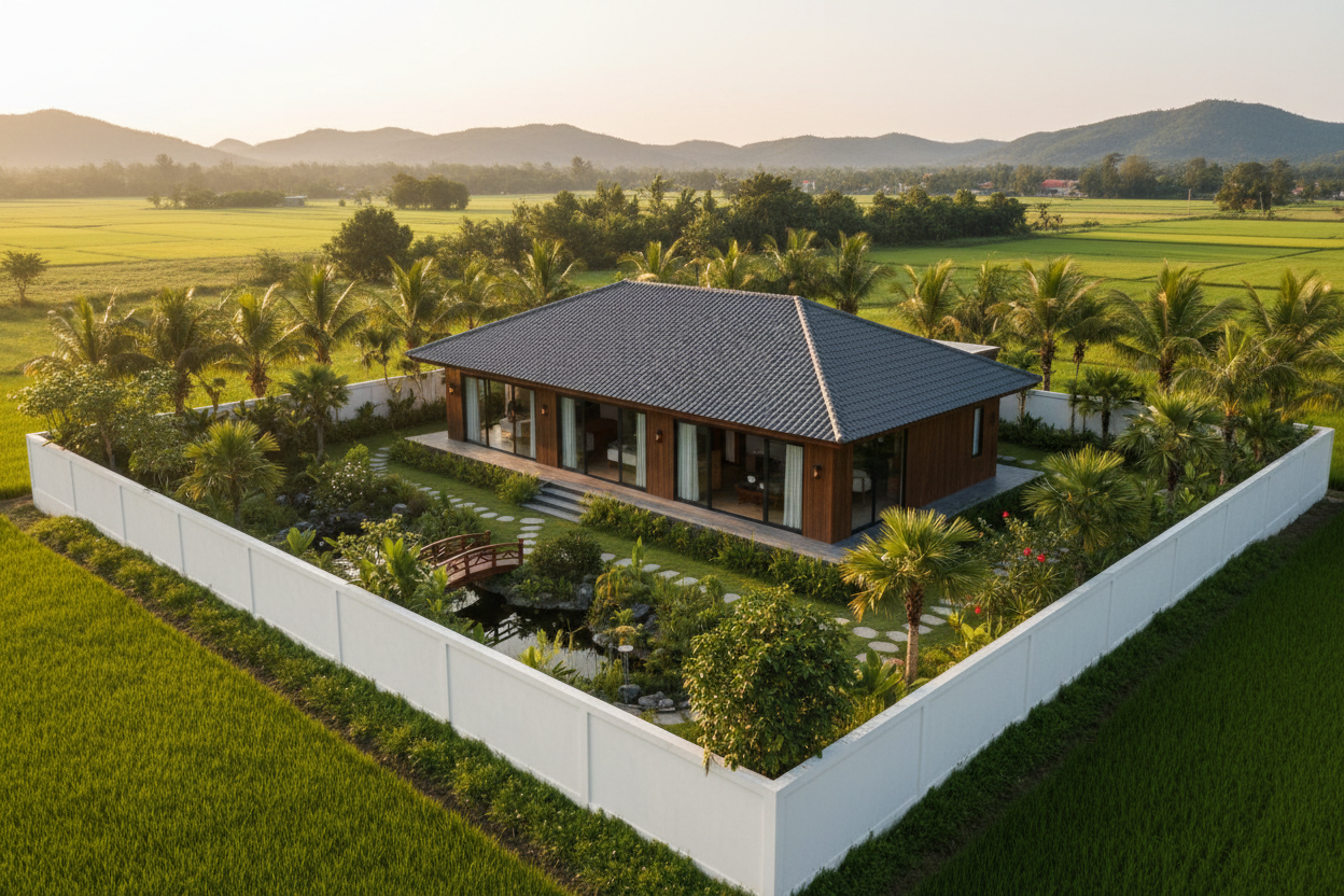 Nhà cấp 4 mái nhật - góc flycam hoàng hôn