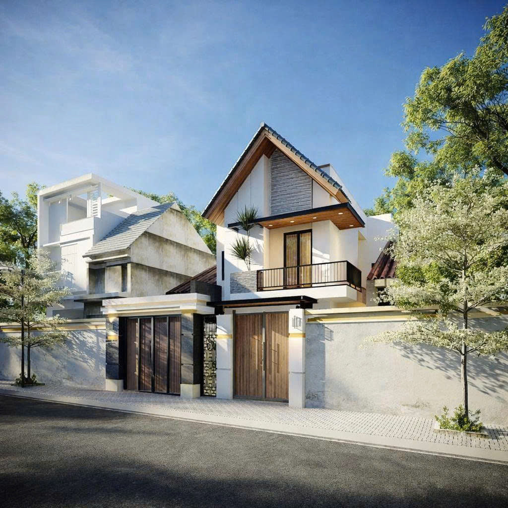 NHÀ PHỐ 2 TẦNG PHONG CÁCH BALI – MÁI TAM GIÁC GỘ, TƯỜNG ĐÁ, CỔNG GỘ ĐỘC ĐÁO