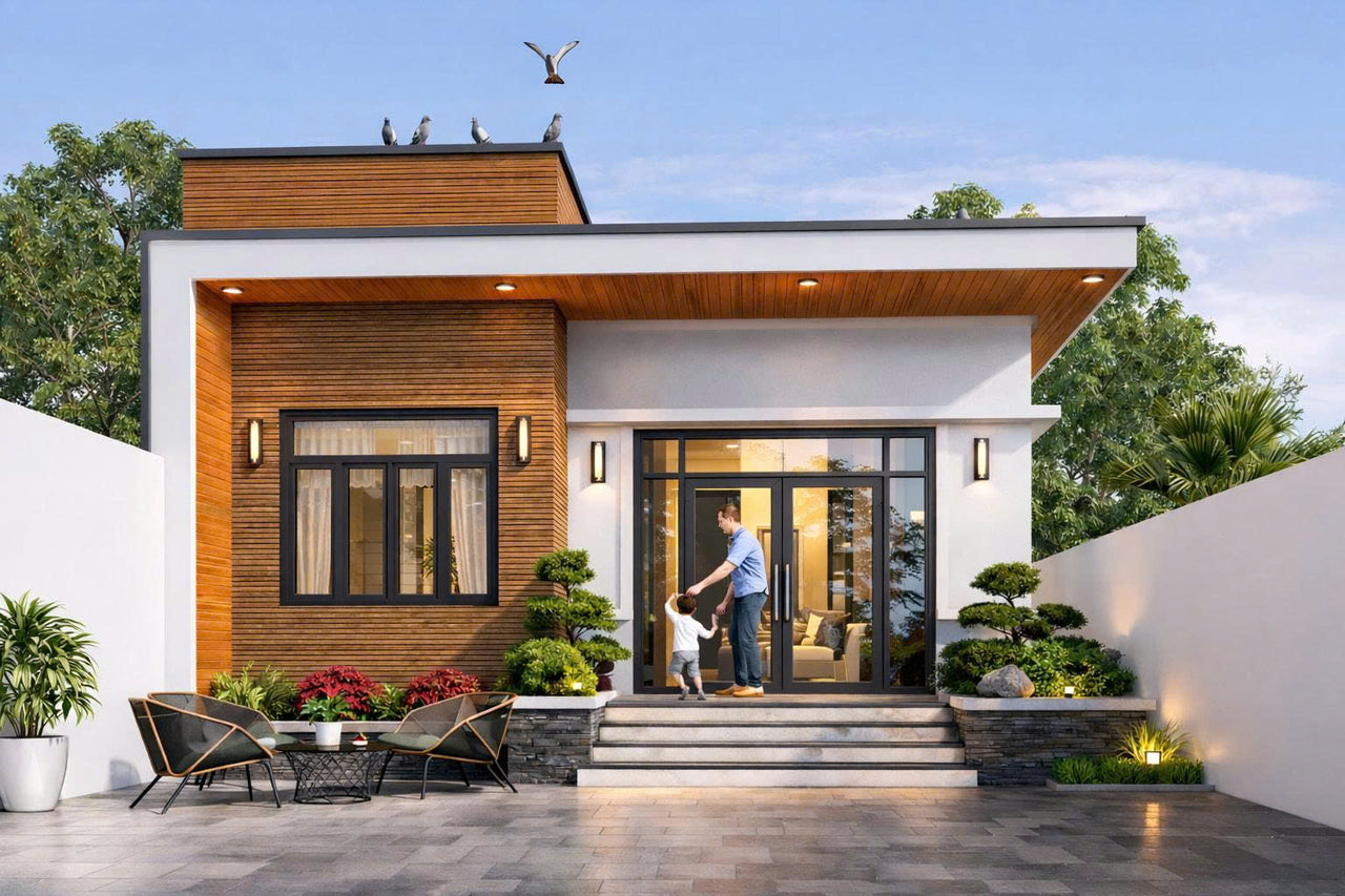 NHÀ CẤP 4 MÁI BẰ̀NG ỐP GỘ – SÂN VƯỜN BỒNG LAI, ẤM CÚNG NHƯ TỔ ẤM